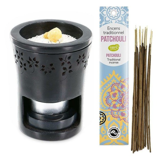 Brûle-parfum en pierre noire + encens indien au patchouli