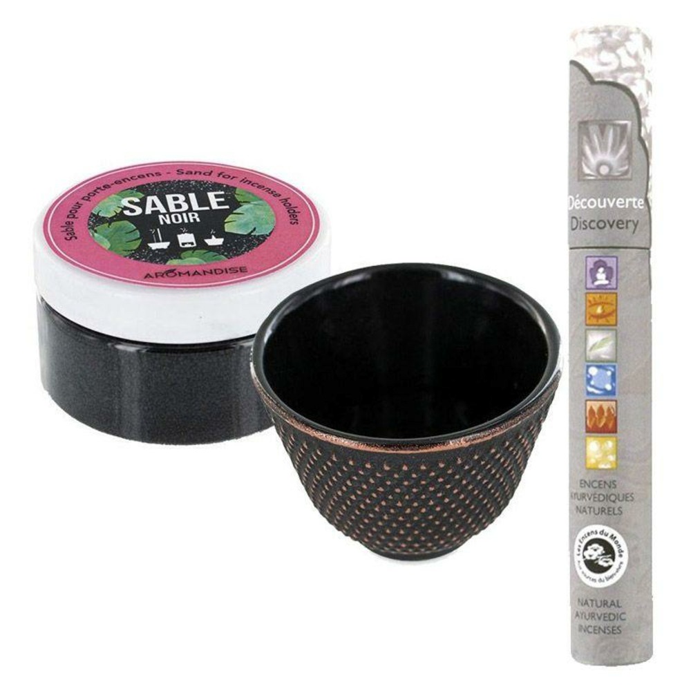 Porte-encens coupelle fonte noire et sable noir + encens ayurvédique