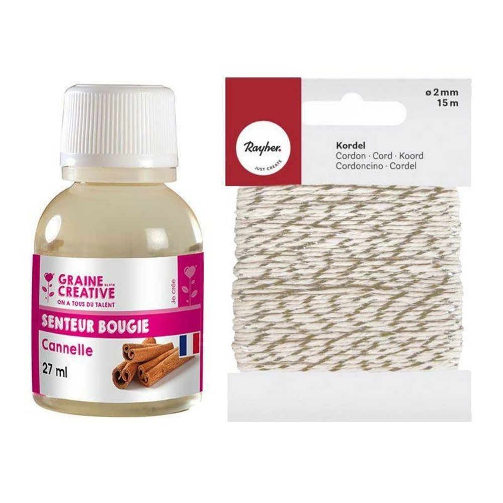 Parfum pour bougies 27 ml cannelle + ficelle dorée & blanche 15 m