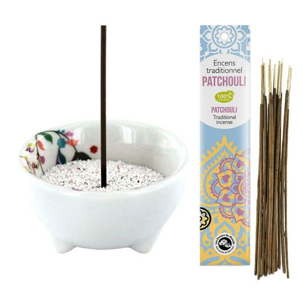 Porte-encens végétal en porcelaine + encens indien au patchouli