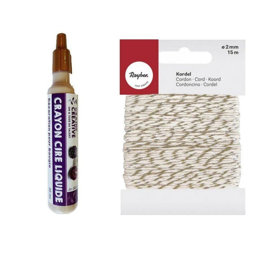Crayon cire liquide pour bougie doré + ficelle dorée & blanche 15 m