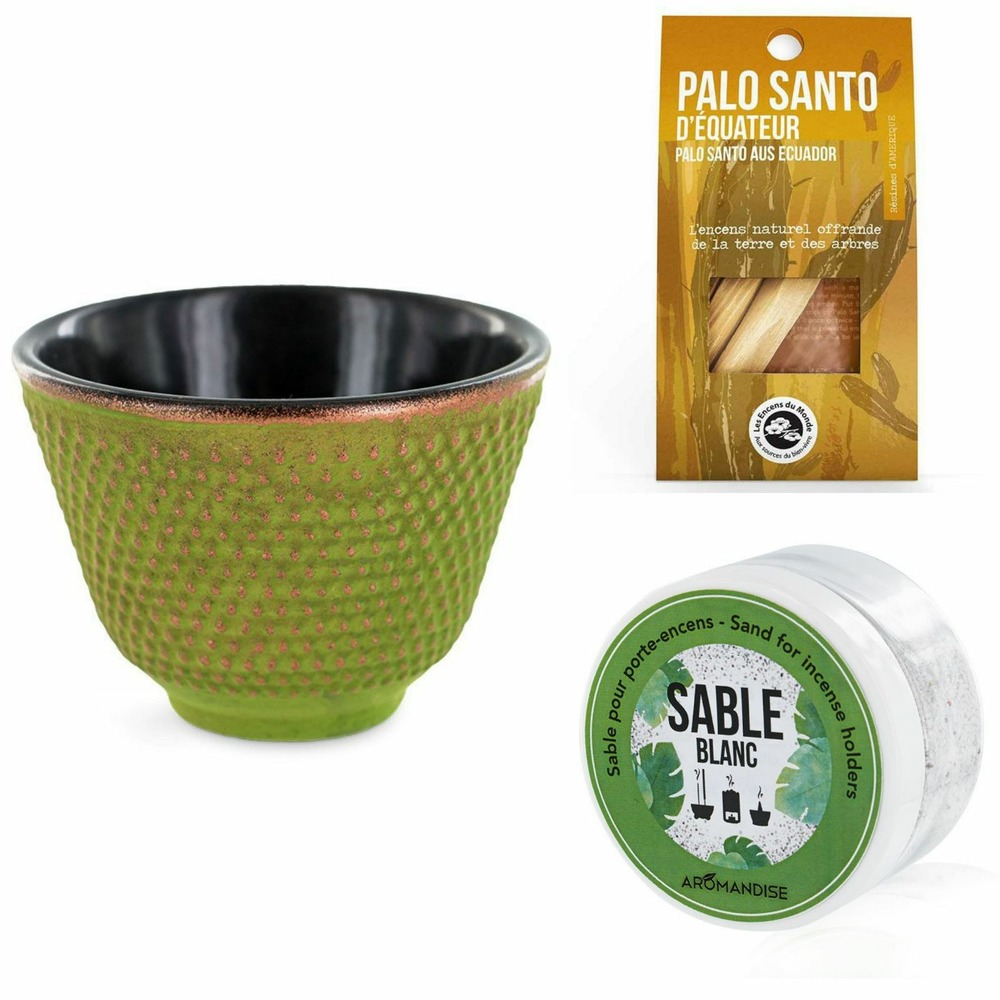 Porte-encens coupelle vert et doré + sable blanc + bâtonnets palo santo