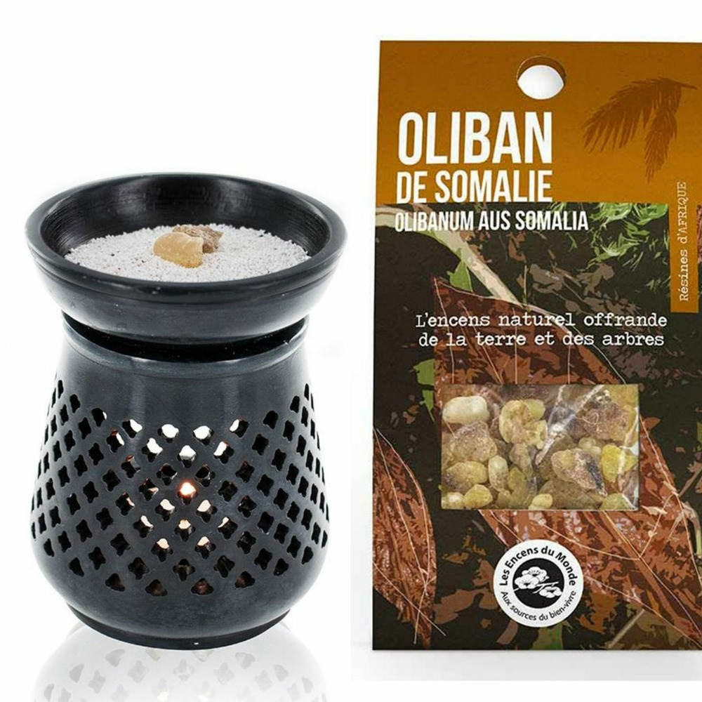 Diffuseur porte-encens en pierre noire + résine d'oliban de somalie