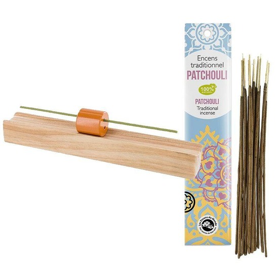 Porte-encens en bois précieux hinoki + encens indien au patchouli