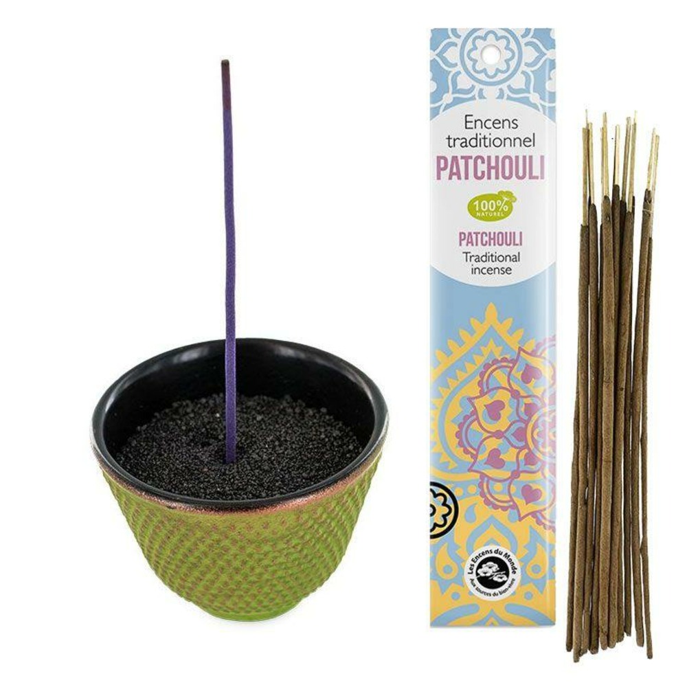Porte-encens coupelle en fonte vert et doré + encens indien au patchouli