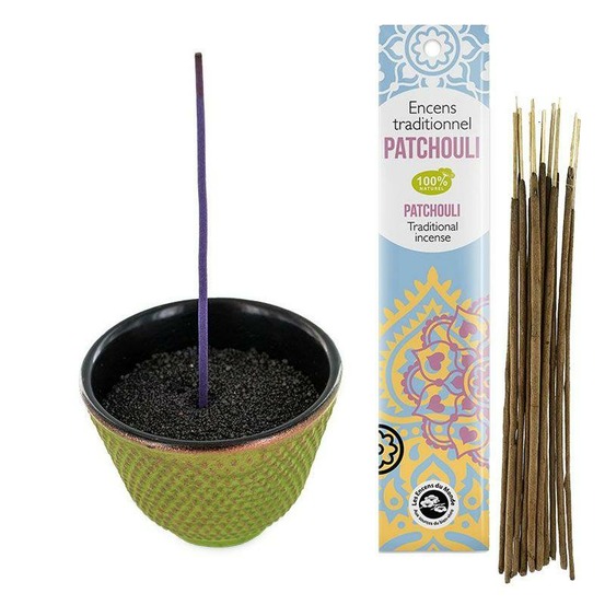 Porte-encens coupelle en fonte vert et doré + encens indien au patchouli