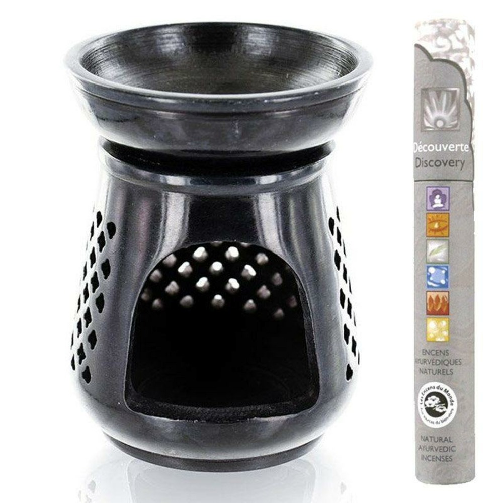 Diffuseur porte-encens en pierre noire moucharabieh + encens ayurvédique