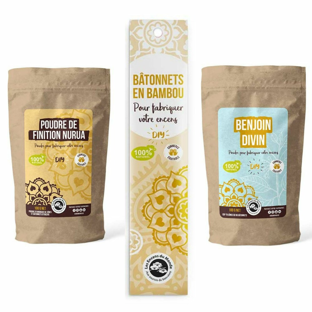 Diy encens - 100 bâtonnets nus en bambou + poudre benjoin divin et poudre de finition