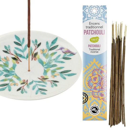 Coupelle porte-encens en porcelaine aquarelle + encens indien au patchouli