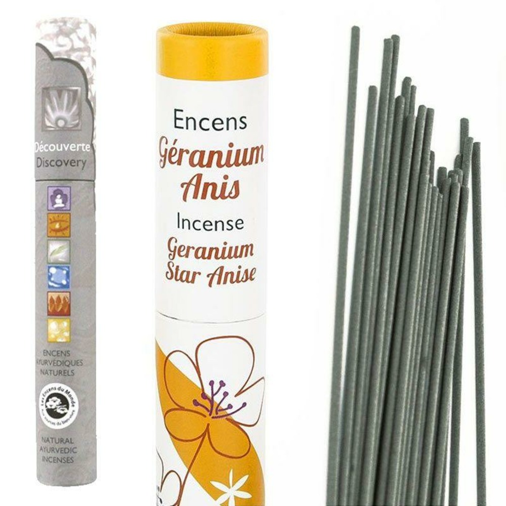 Encens anis-geranium 30 bâtonnets + encens ayurvédique 14 bâtonnets