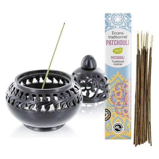 Encensoir en pierre noire venise + encens indien au patchouli
