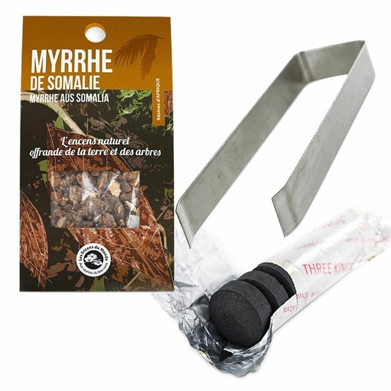 Résine de myrrhe de somalie à brûler + pince et rouleau de charbons
