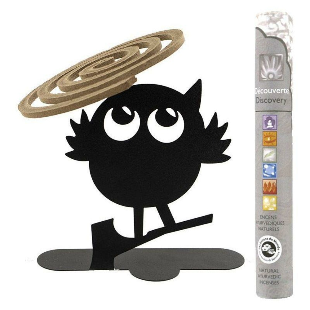 Porte-spirales d'encens hibou noir + 14 bâtonnets d'encens ayurvédique