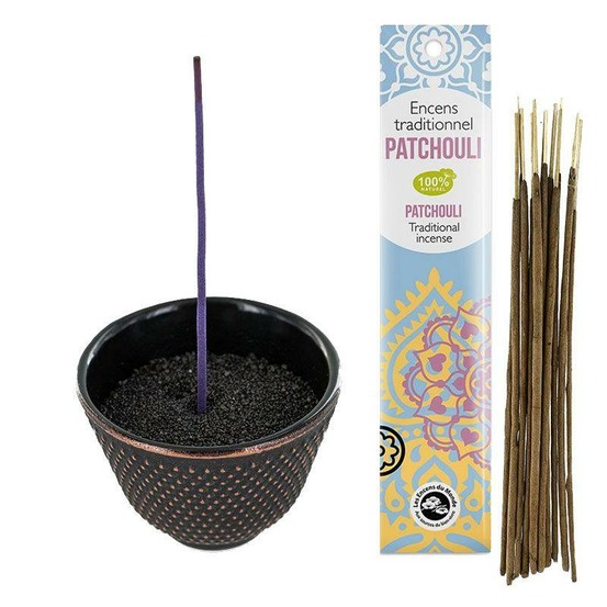 Porte-encens coupelle en fonte noir et doré + encens indien au patchouli