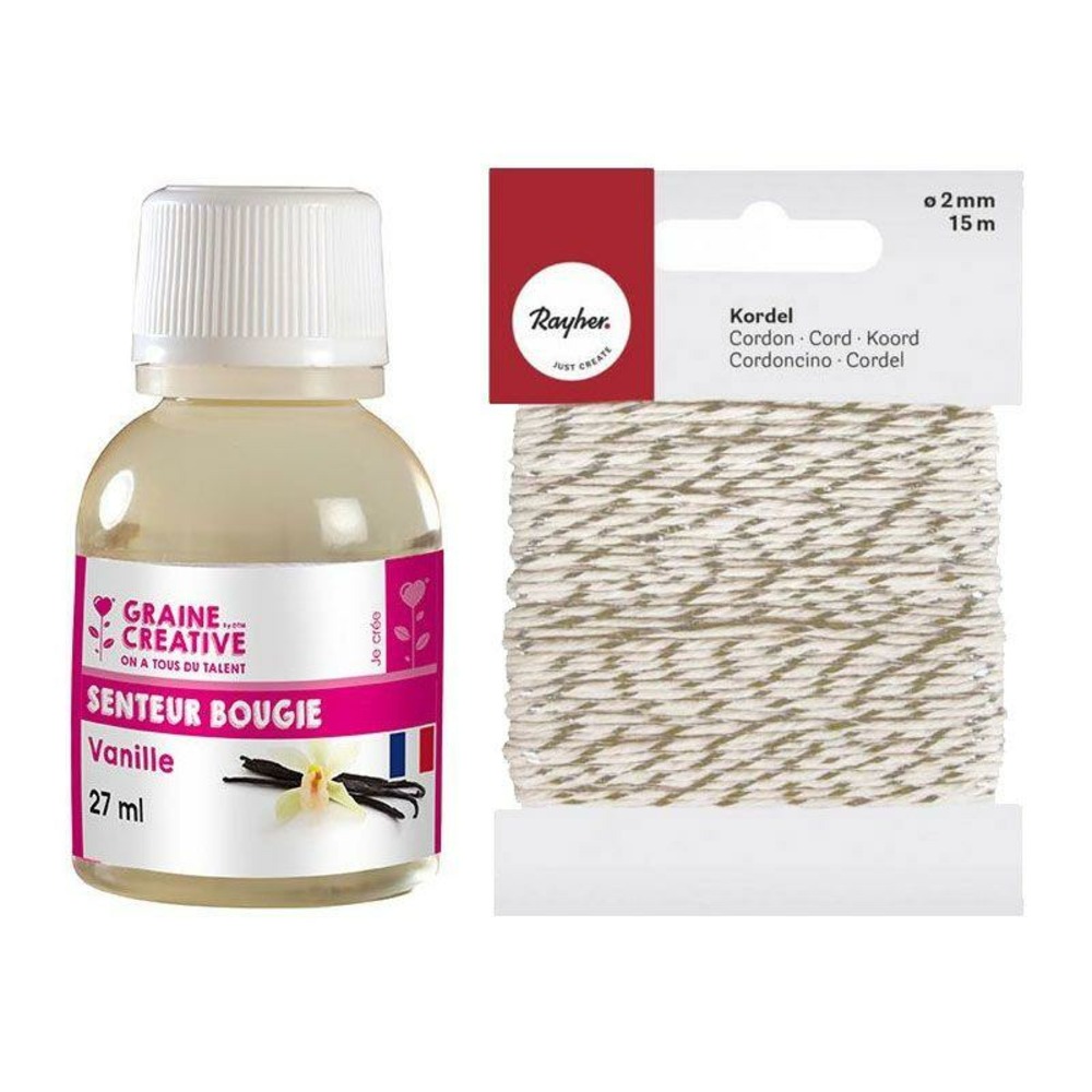 Parfum pour bougies 27 ml vanille + ficelle dorée & blanche 15 m