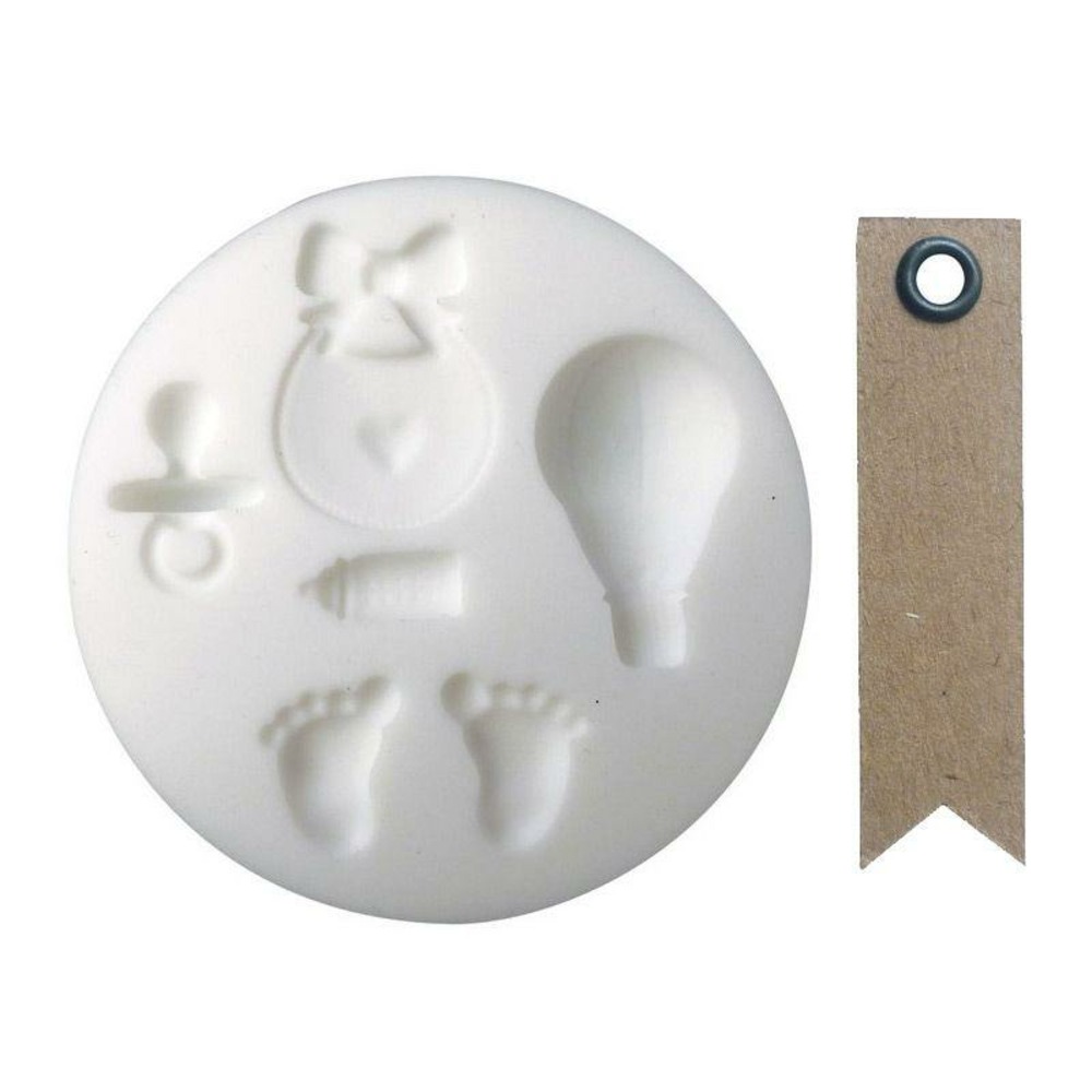Mini moule silicone pour pâte polymère naissance + 20 étiquettes kraft fanion