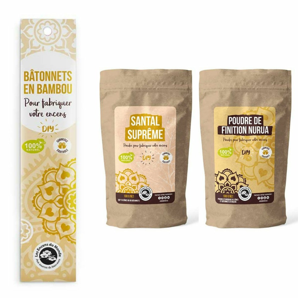 Diy encens - 100 bâtonnets nus en bambou + poudre santal suprême et poudre de finition