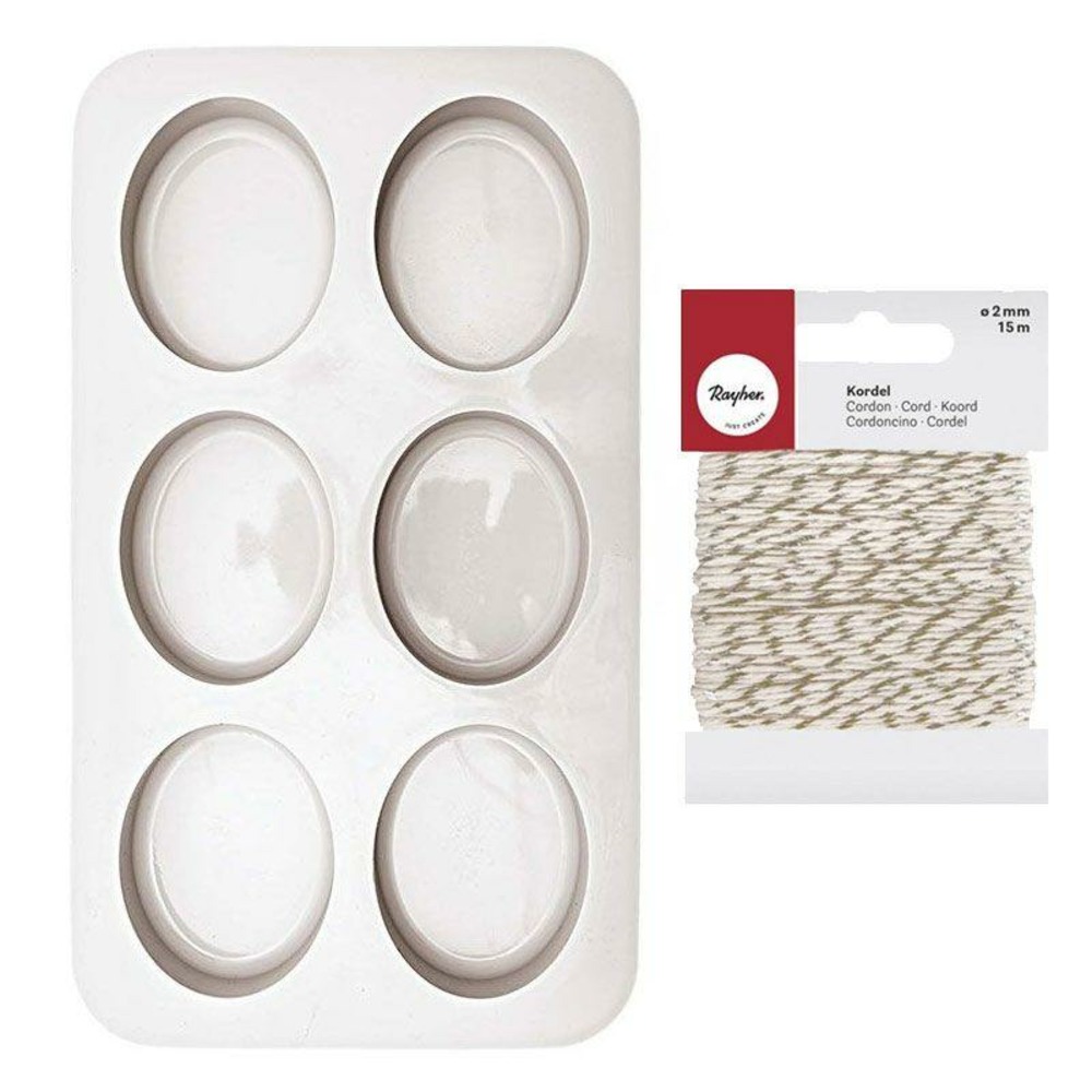 6 moule à savon silicone ovales 7,5 x 6 cm + ficelle dorée & blanche