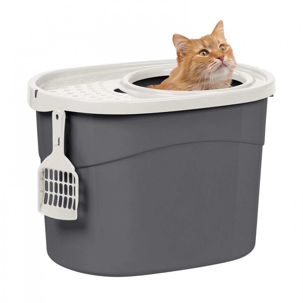 Bac à litière fermé, pelle incluse, couvercle à trous, pour chat - top entry cat litter box - tecl-20, gris