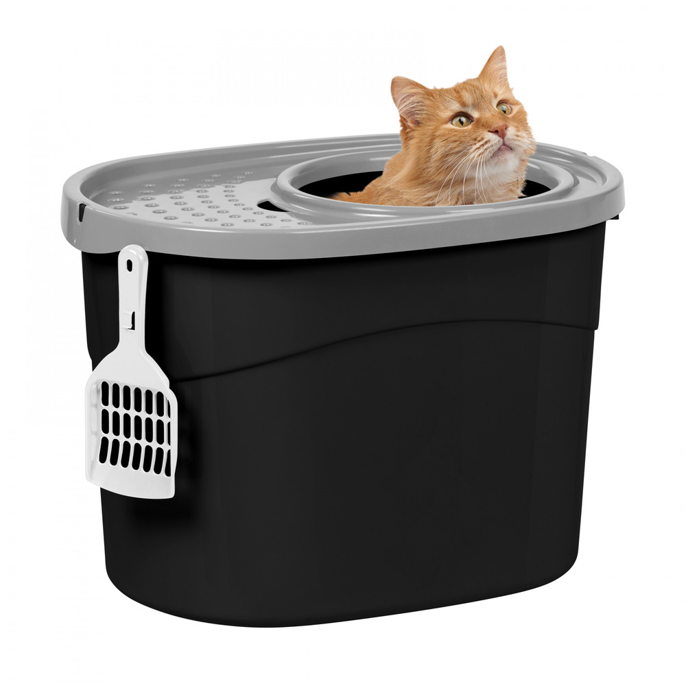 Bac à litière fermé, pelle incluse, couvercle à trous, pour chat - top entry cat litter box - tecl-20, noir
