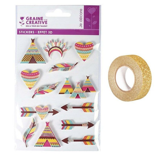 13 stickers 3d indiens 5 cm + masking tape doré à paillettes 5 m