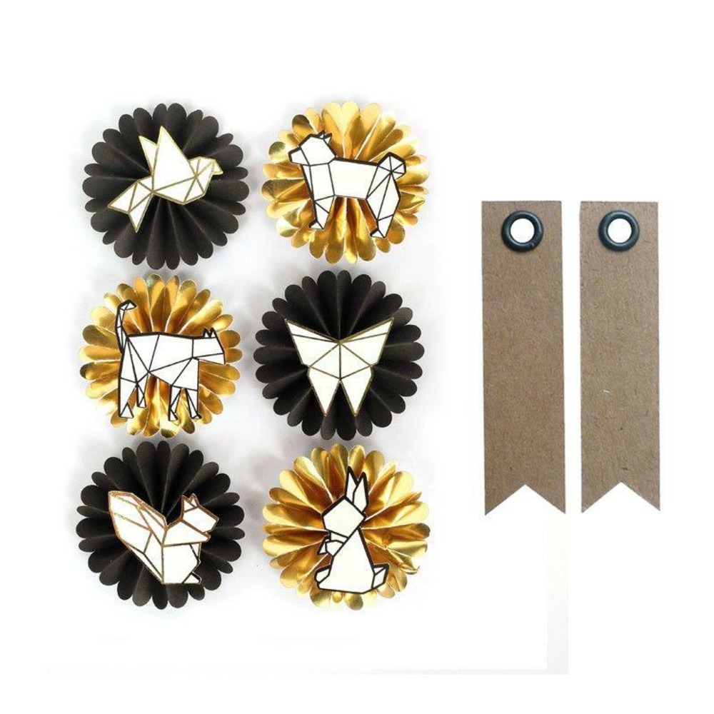 6 stickers 3d animaux origami + 20 étiquettes kraft fanion
