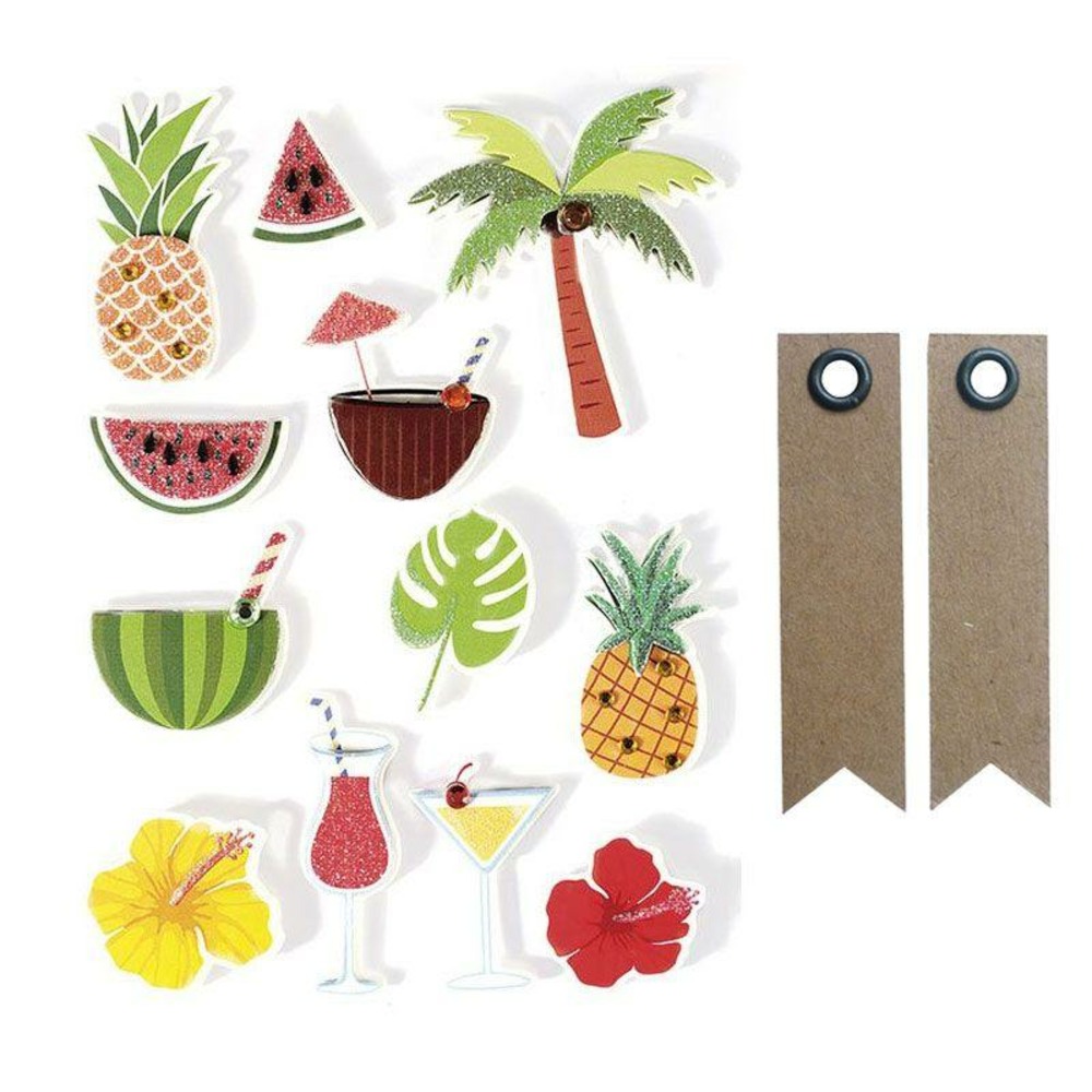 12 stickers 3d tropical 5,5 cm + 20 étiquettes kraft fanion