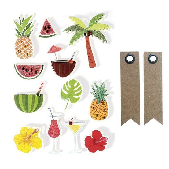 12 stickers 3d tropical 5,5 cm + 20 étiquettes kraft fanion