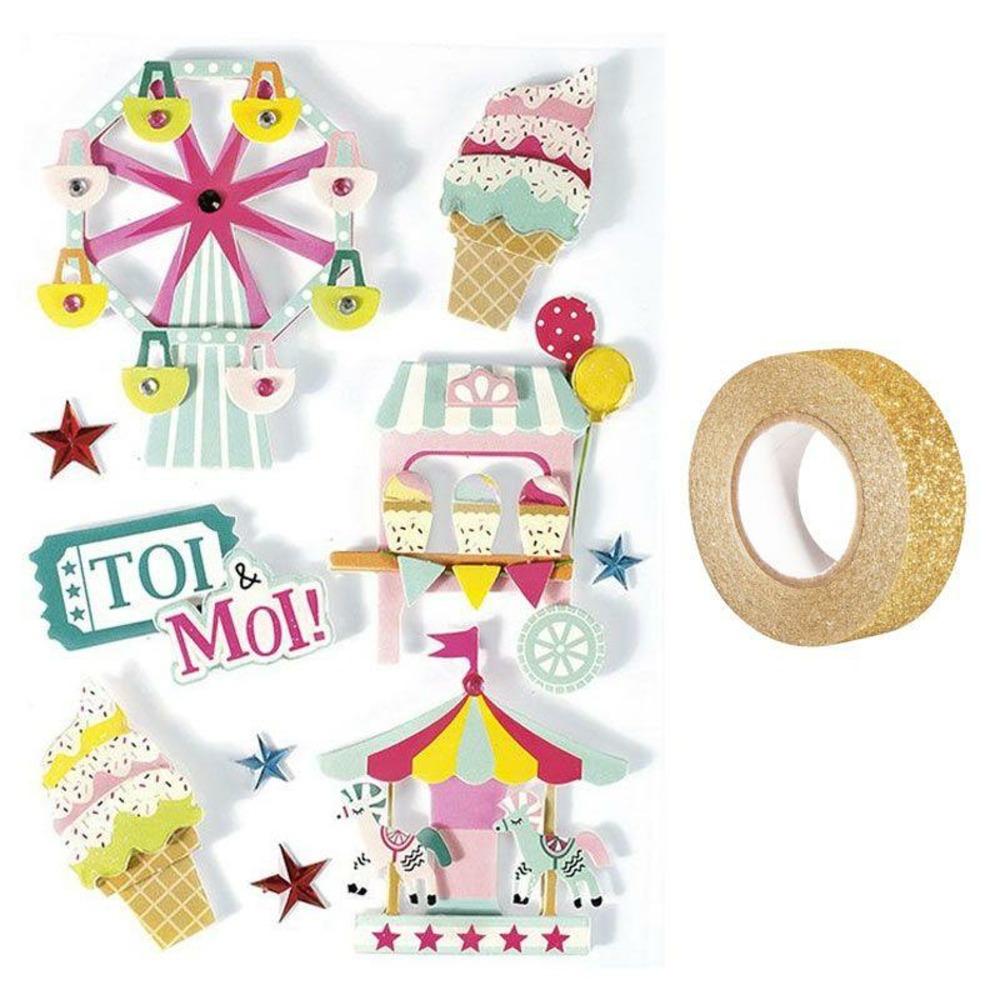 10 stickers 3d fête foraine 6,5 cm + masking tape doré à paillettes 5 m