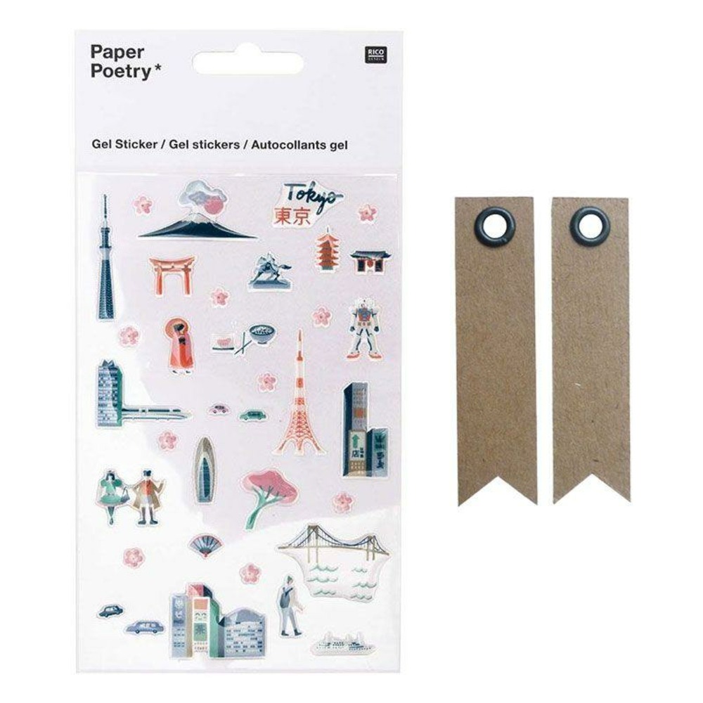 Stickers gel transparent cities tokyo + 20 étiquettes kraft fanion