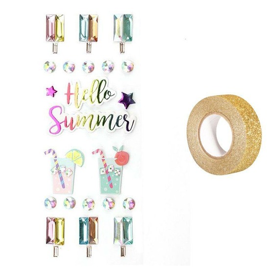 22 stickers 3d hello summer + masking tape doré à paillettes 5 m