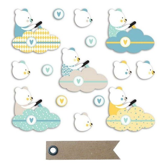 20 formes découpées nounours léonard + 20 étiquettes kraft fanion