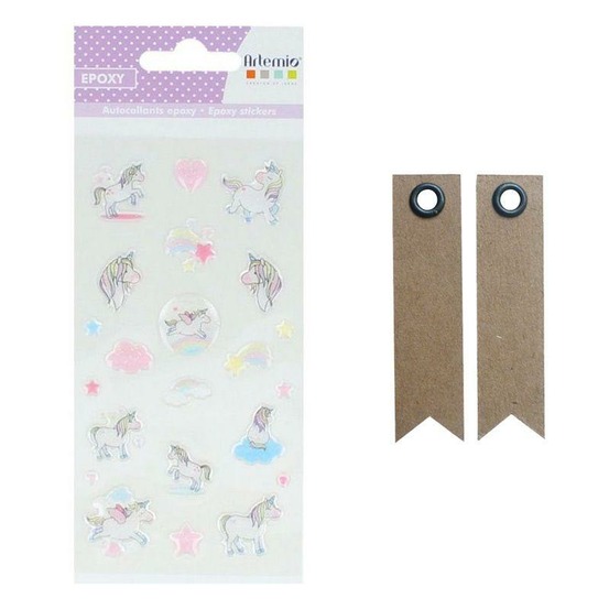 23 stickers epoxy arc-en-ciel + 20 étiquettes kraft fanion