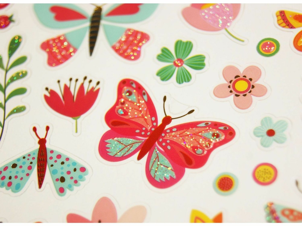 Autocollants - le printemps - papillons et fleurs - dorures et paillettes