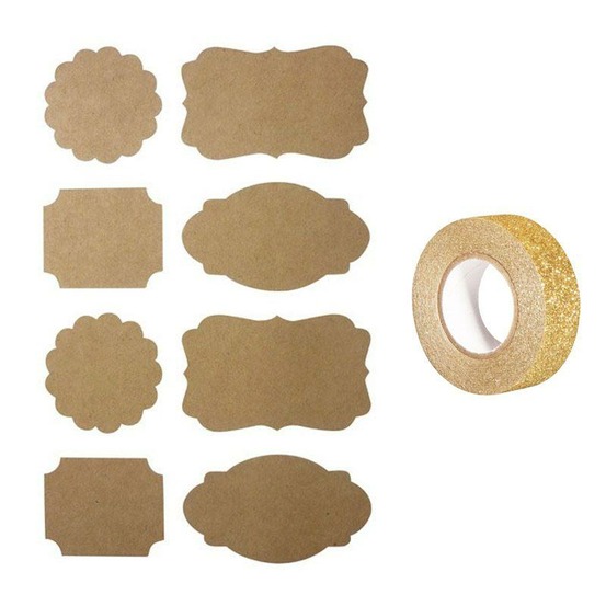 32 stickers kraft baroques + masking tape doré à paillettes 5 m
