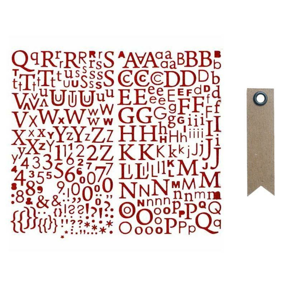 Alphabet autocollant paillettes rouge + 20 étiquettes kraft fanion
