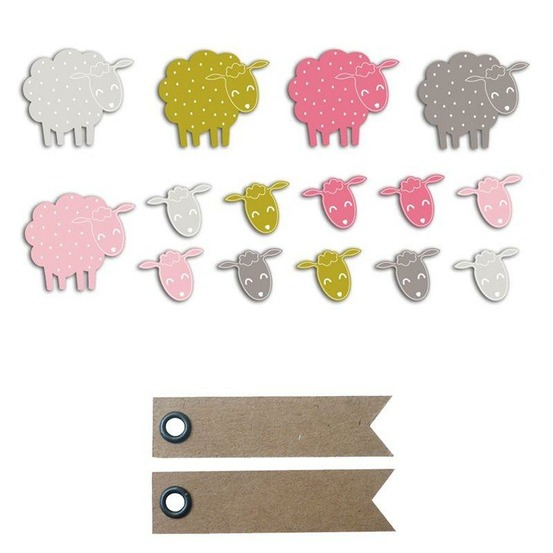 20 formes découpées moutons rose-vert taupe + 20 étiquettes kraft fanion