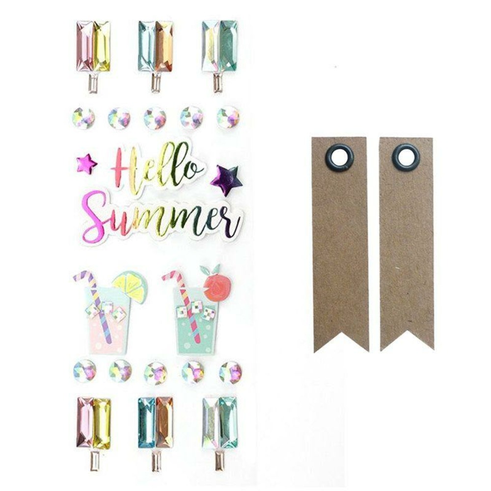 22 stickers 3d hello summer + 20 étiquettes kraft fanion