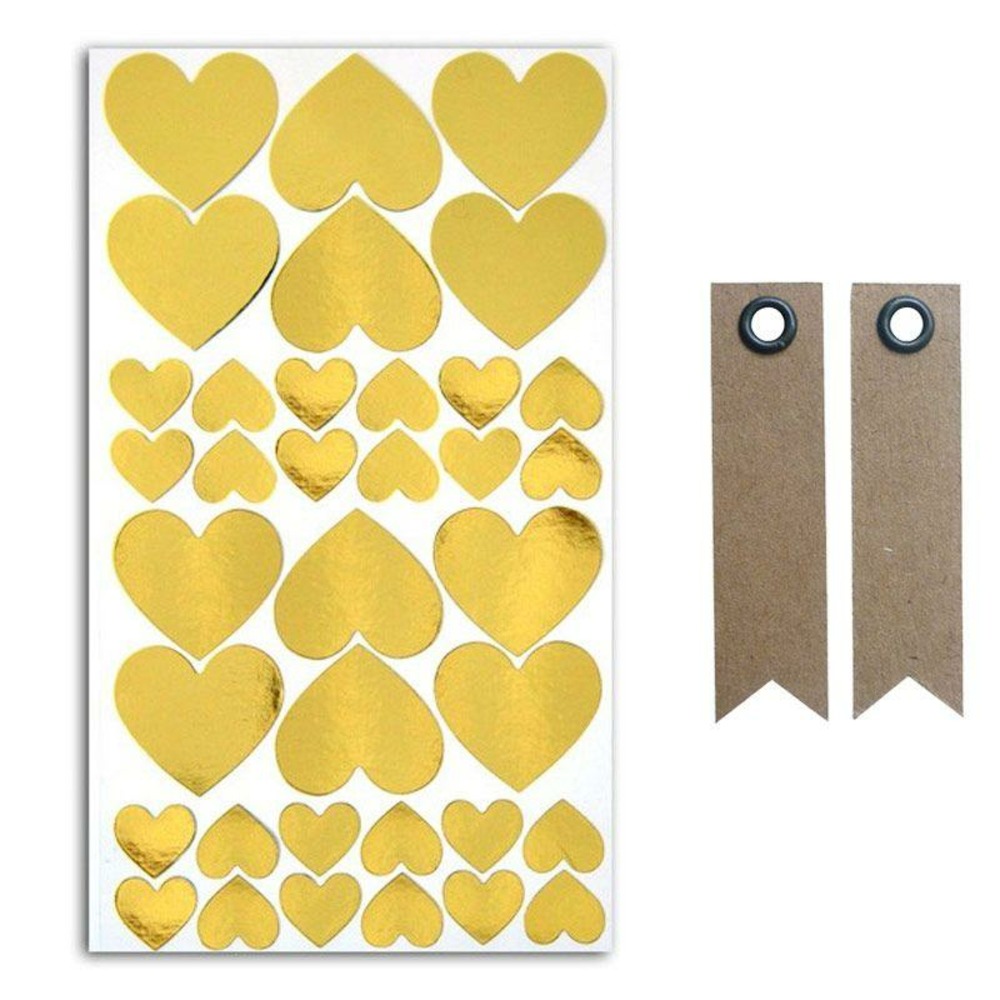 36 stickers cœurs dorés + 20 étiquettes kraft fanion