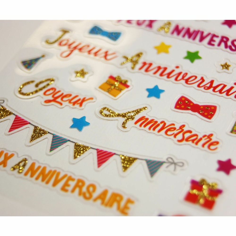 Stickers - 'joyeux anniversaire' - couleur et paillettes - 1,8 cm