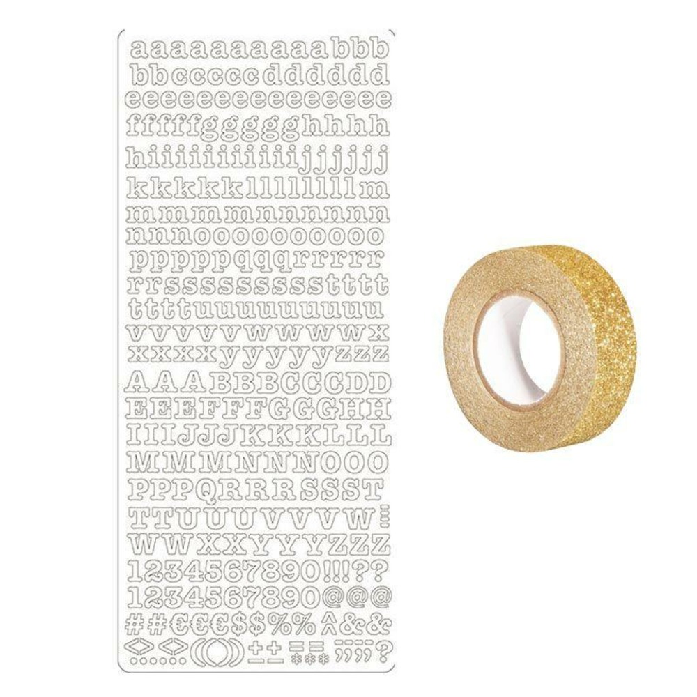 Peel off's alphabet minuscule et majuscule noir + masking tape doré à paillettes 5 m