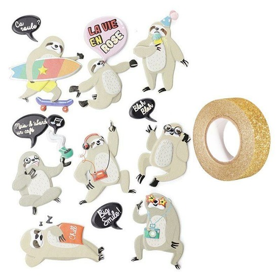 15 stickers 3d paresseux + masking tape doré à paillettes 5 m