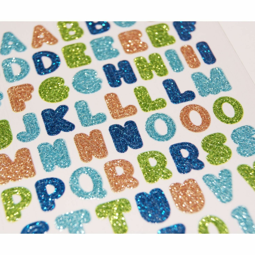 69 autocollants - alphabet - tons bleus - paillettes - 0,8 cm