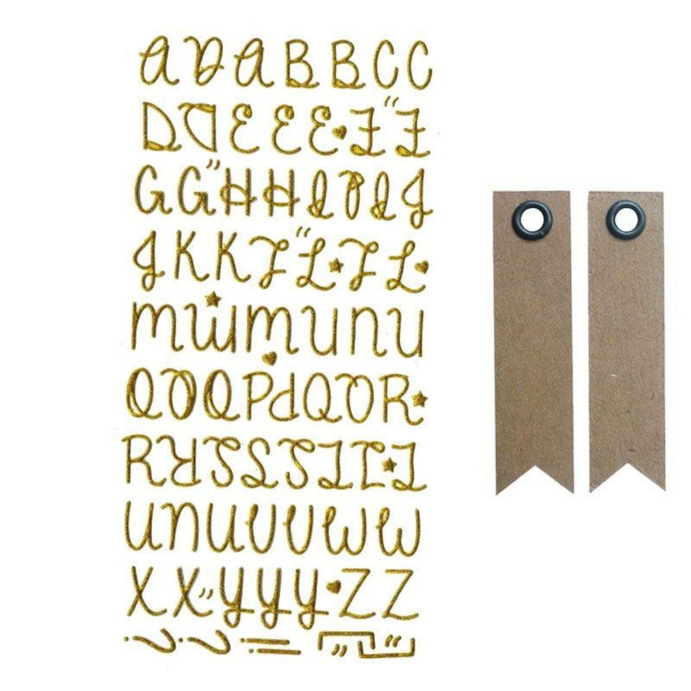 Stickers alphabet doré à paillettes + 20 étiquettes kraft fanion