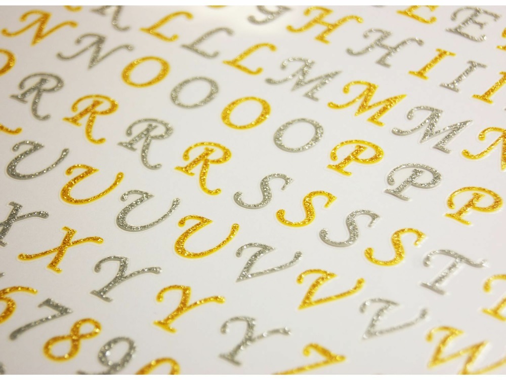 117 autocollants - alphabet et chiffres - argenté et doré - paillettes