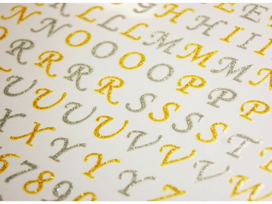 117 autocollants - alphabet et chiffres - argenté et doré - paillettes