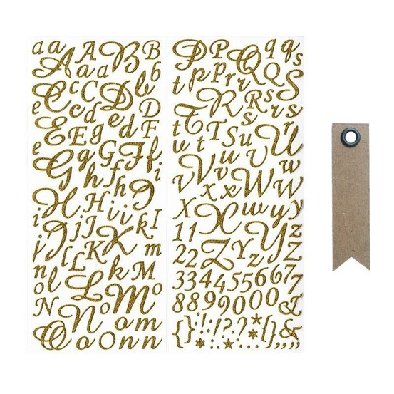 Stickers alphabet & chiffres dorés à paillettes + 20 étiquettes kraft fanion