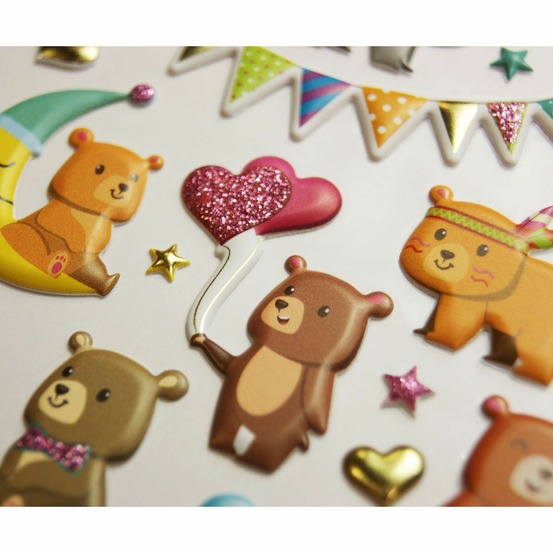 Autocollants réutilisables - relief 3d - les oursons font la fête - paillettes