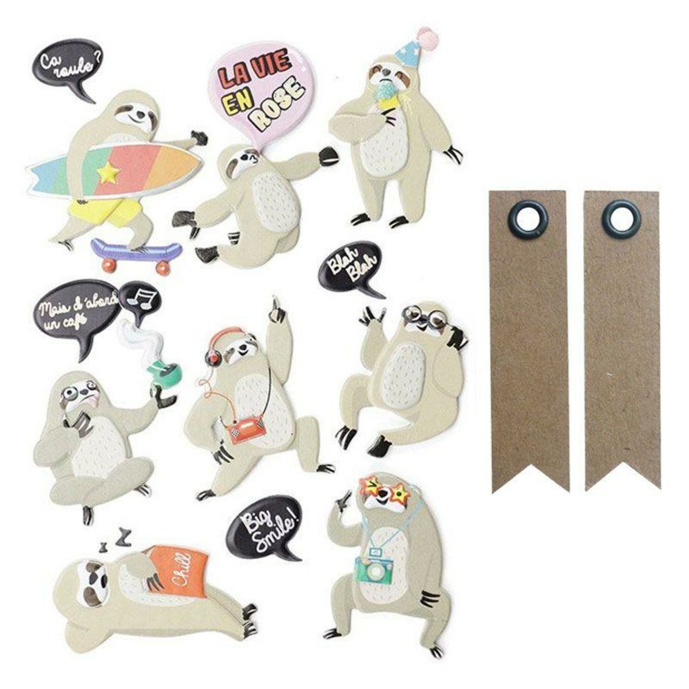 15 stickers 3d paresseux + 20 étiquettes kraft fanion