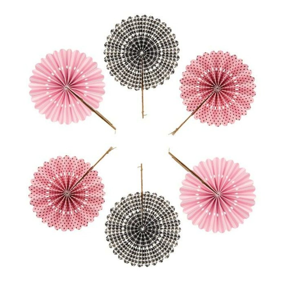 6 éventails en papier rose et noir